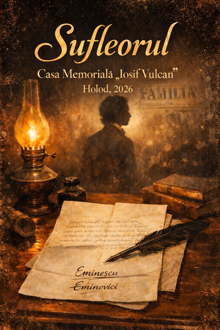 Sufleorul — copertă: lampă cu gaz, manuscris cu numele Eminescu / Eminovici și silueta poetului