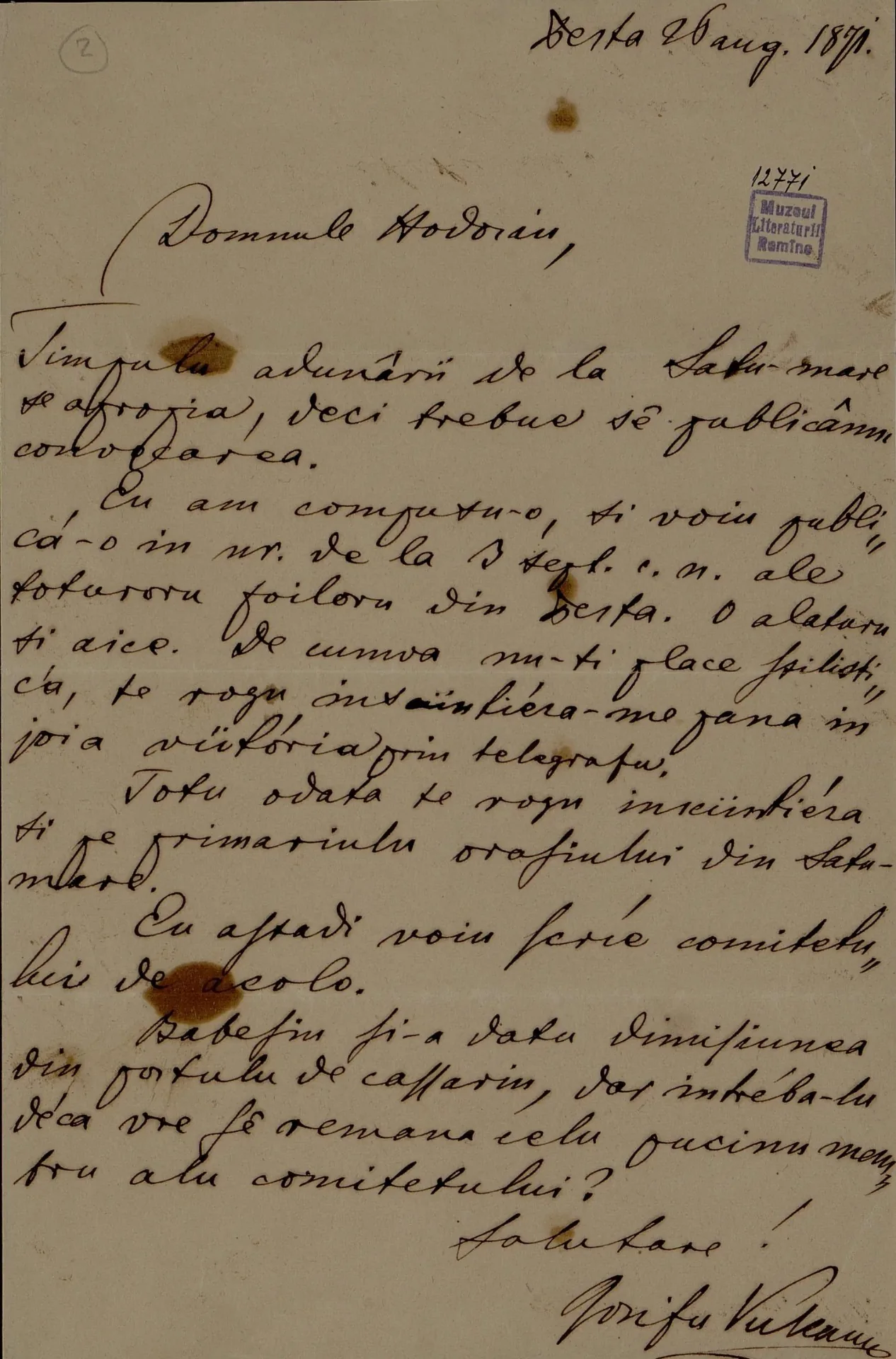 Scrisoare autografă a lui Iosif Vulcan către Al. Hodoș, Pesta, 26 august 1871
